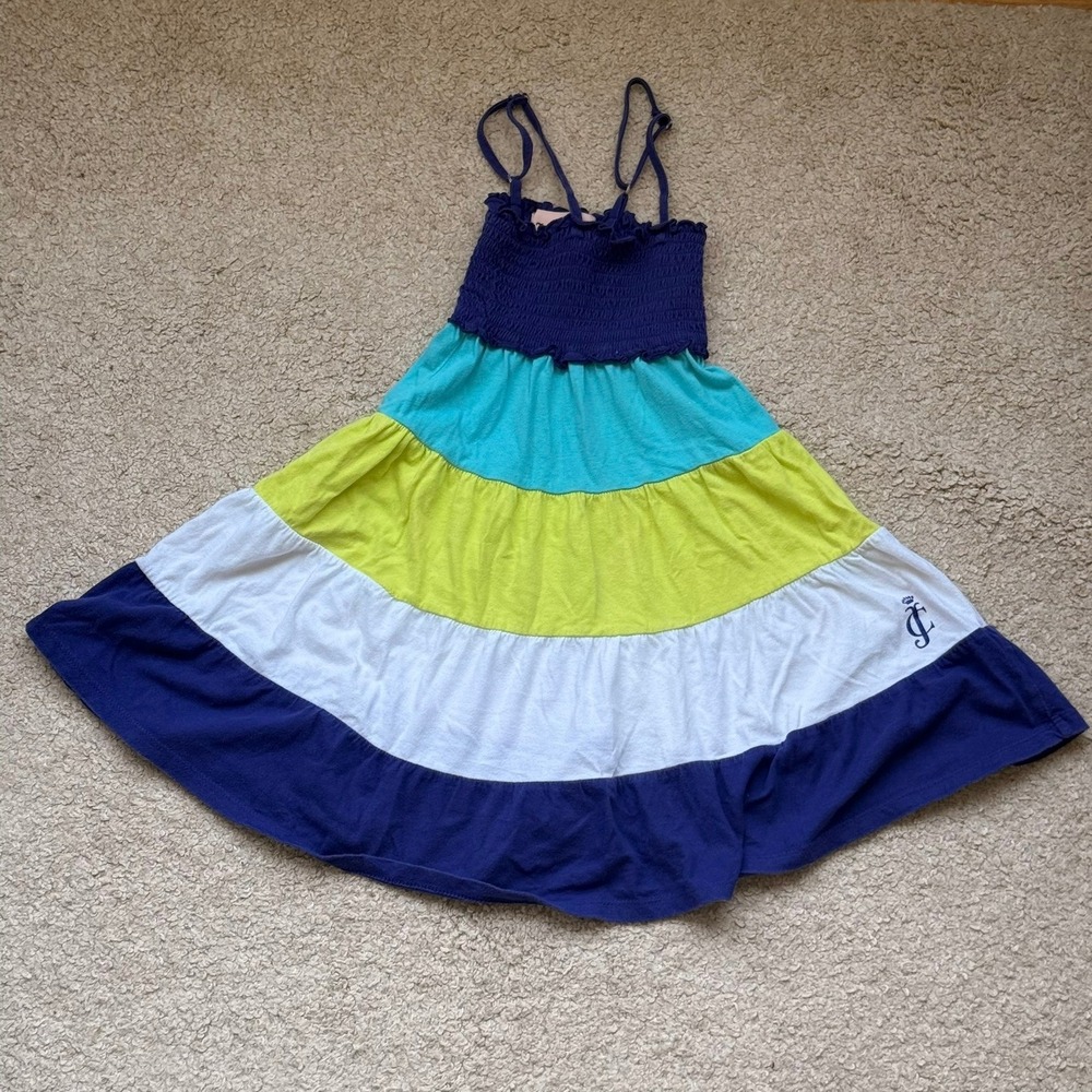 Juicy Couture Girls Tiered Smocked Sundress Blue Green White Size XS 4 5